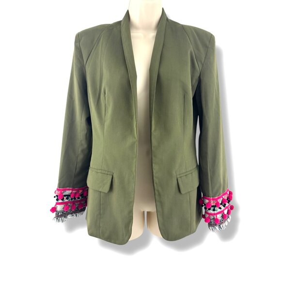 Olive Green Blazer Pom-Pom Fringe Cuffs Pockets Size M All-Season Office Jacket - Picture 3 of 10